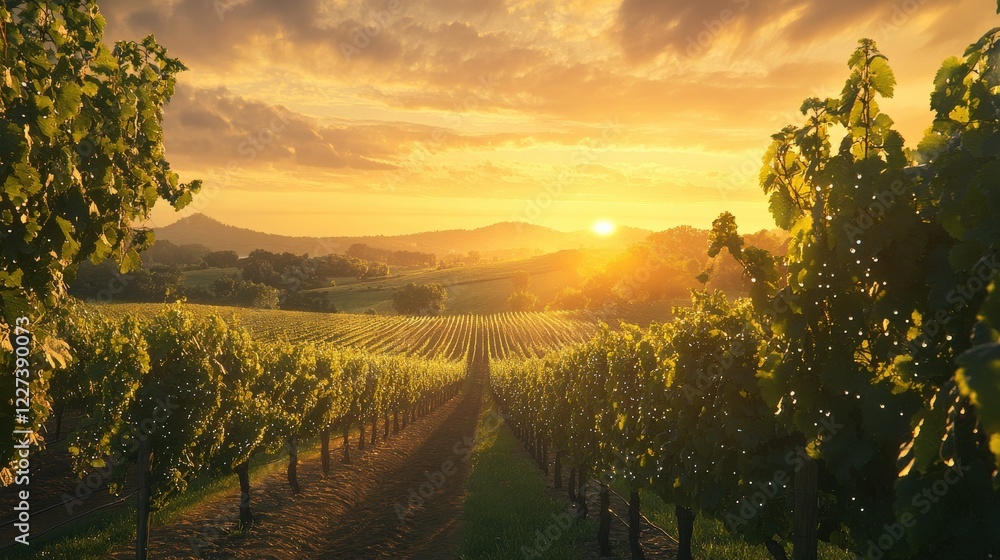 Fototapeta premium Sunset vineyard exploration wine country scenic landscape nature wide angle tranquility