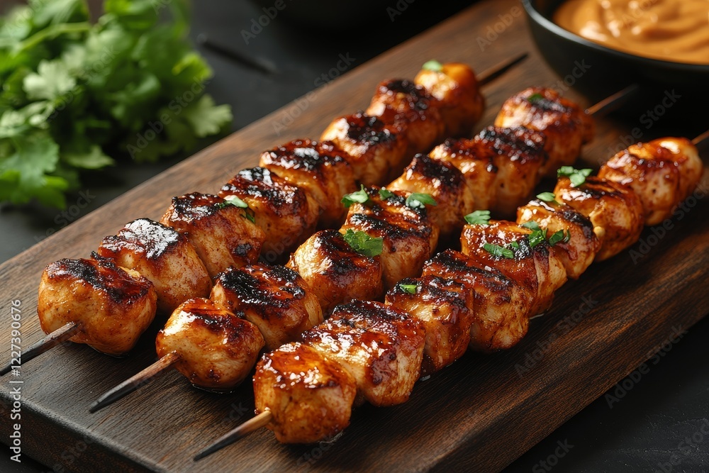 Grilled chicken skewers, peanut sauce, cilantro, dark background, food photography Grilled chicken skewers, peanut sauce, cilantro, dark background, food photography