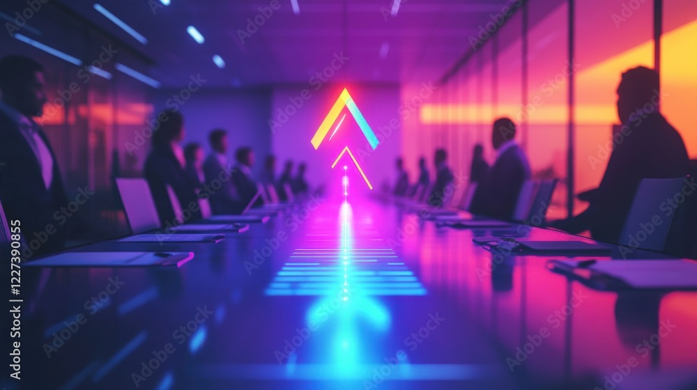 A glowing goal center arrow surrounded by business professionals in a modern conference room, vibrant colors representing focus and success A glowing goal center arrow surrounded by business professionals in a modern conference room, vibrant colors representing focus and success