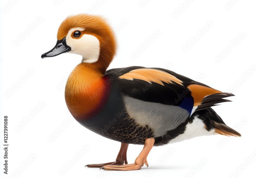 A duck with a red head and orange body stands on a white background A duck with a red head and orange body stands on a white background