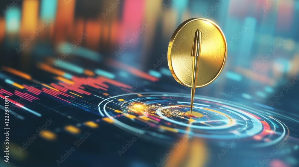 Obraz premium A golden arrow targeting the center of a shimmering target, with vibrant charts and graphs in the background, representing marketing excellence and success, clean and modern aesthetic