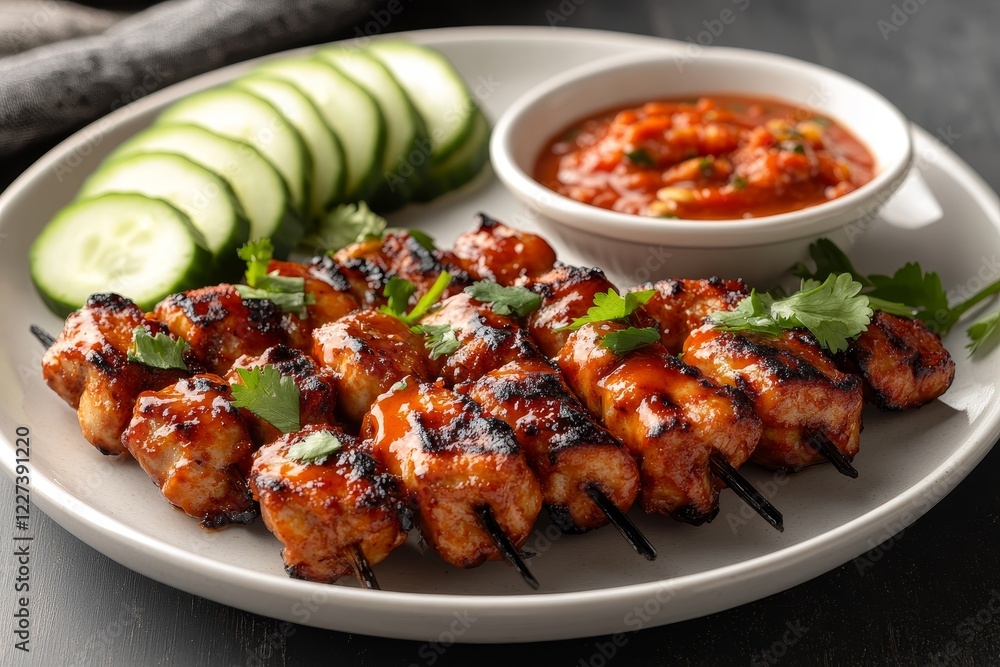 Grilled chicken skewers, cucumber, sauce. Delicious Asian meal Grilled chicken skewers, cucumber, sauce. Delicious Asian meal