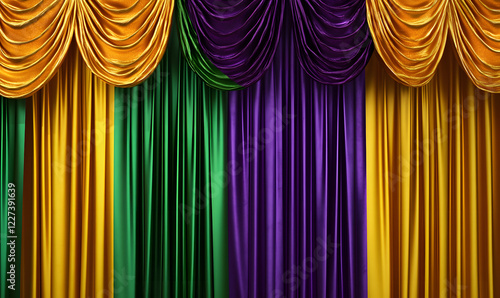 Curtain mardi gras golden yellow green purple violet orange color texture background wallpaper empty blank carnival 4 march 2025 party event festival velvet theatre entertainment holiday celebration photo