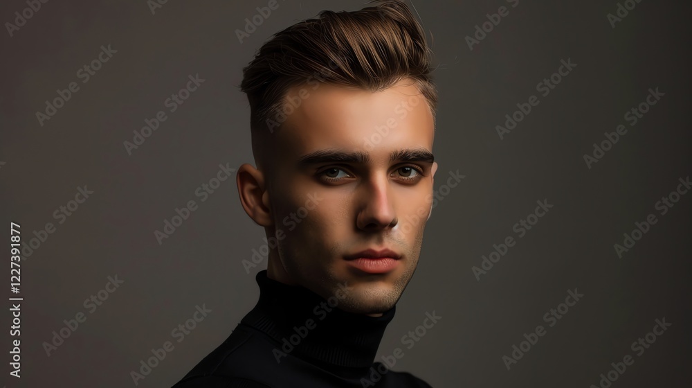 Naklejka premium A young man in a black turtleneck looks at the camera.