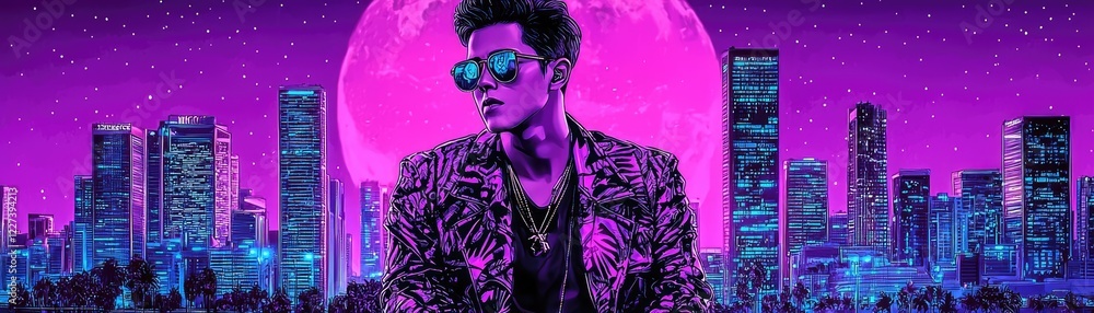 Stylish man, city night, moon, 80s vibe, album art Stylish man, city night, moon, 80s vibe, album art