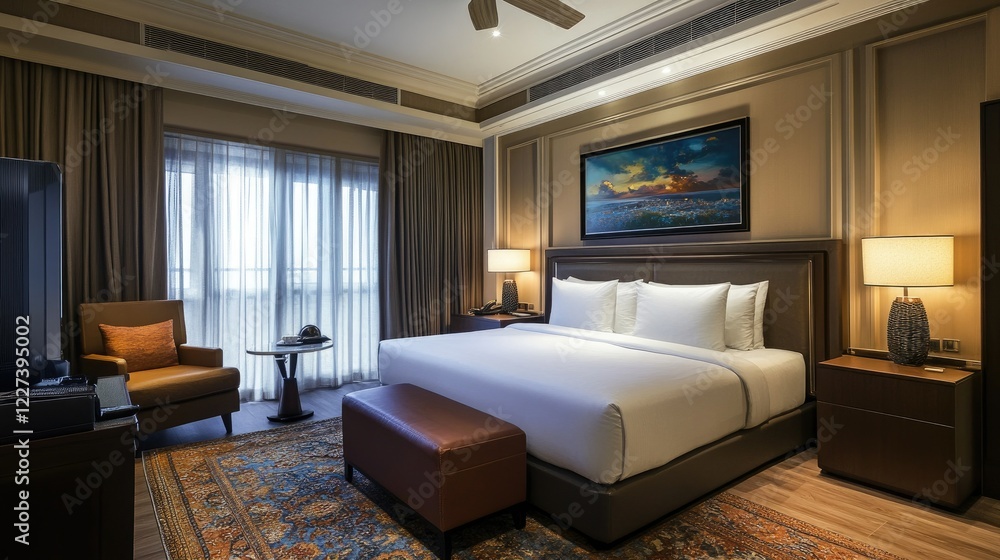 Fototapeta premium A hotel room with a luxurious feel, featuring a wall-mounted air conditioner blending seamlessly with the interior.