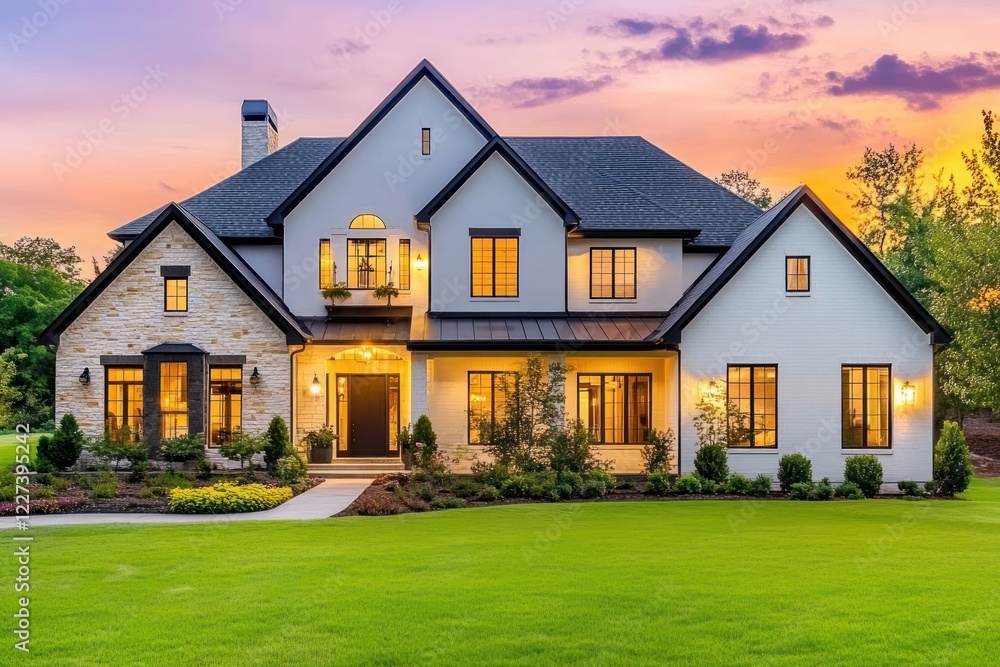 Modern farmhouse illuminated at sunset, suburban setting; real estate listing Modern farmhouse illuminated at sunset, suburban setting; real estate listing