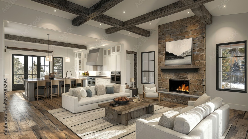 Fototapeta premium Modern living room with rustic elements, featuring a cozy fireplace and snowy landscape outside