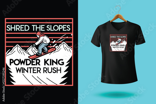 Snowboarder is having fun riding down a snowy mountainside in a cool, vintage style illustration. This design is perfect for winter sports enthusiasts.