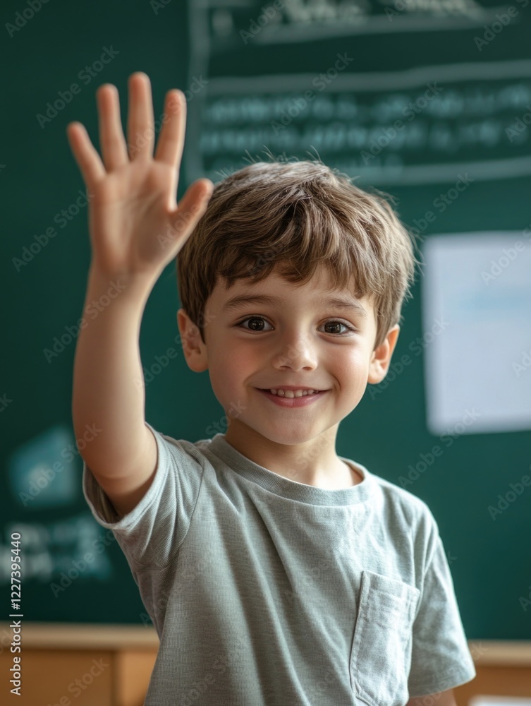 Student Waving Hand on Blackboard Student Waving Hand on Blackboard