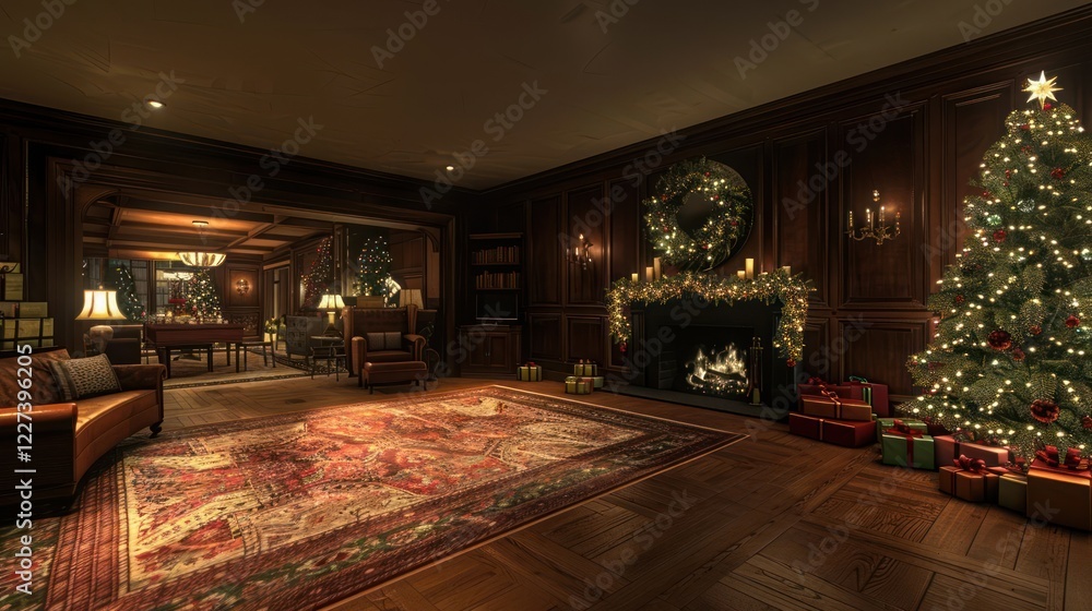 Fototapeta premium Cozy holiday living room adorned with festive decorations, glowing fireplace, and gifts
