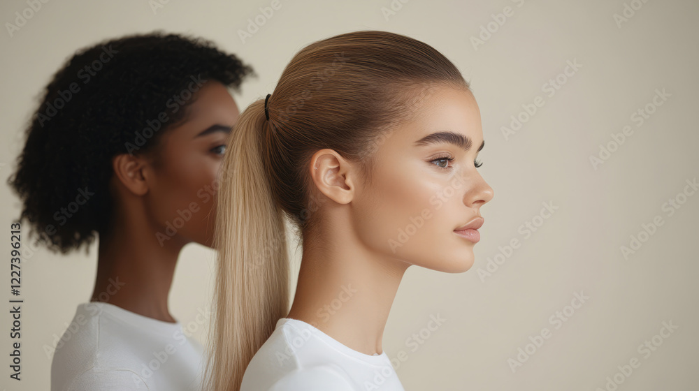 striking profile view of two women showcasing different hairstyles, one with curly hair and other with straight, sleek hair. contrast highlights beauty and diversity striking profile view of two women showcasing different hairstyles, one with curly hair and other with straight, sleek hair. contrast highlights beauty and diversity