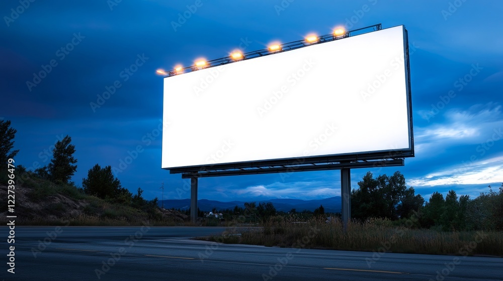 Large Blank White Billboard at Twilight, Ideal for Advertising and Marketing Campaigns. Large Blank White Billboard at Twilight, Ideal for Advertising and Marketing Campaigns.