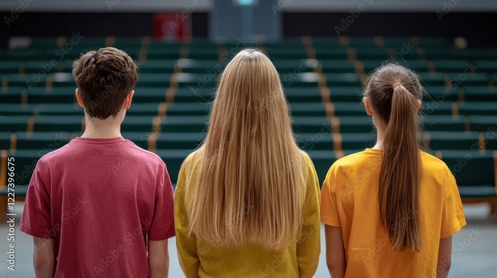 Fototapeta premium Three individuals stand together facing a seating area, highlighting themes of youth, collaboration, and anticipation.
