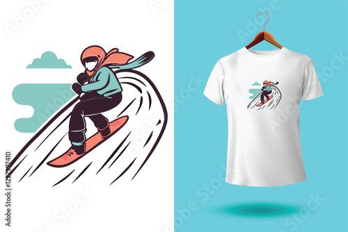 Snowboarder is having fun riding down a snowy mountainside in a cool, vintage style illustration. This design is perfect for winter sports enthusiasts.