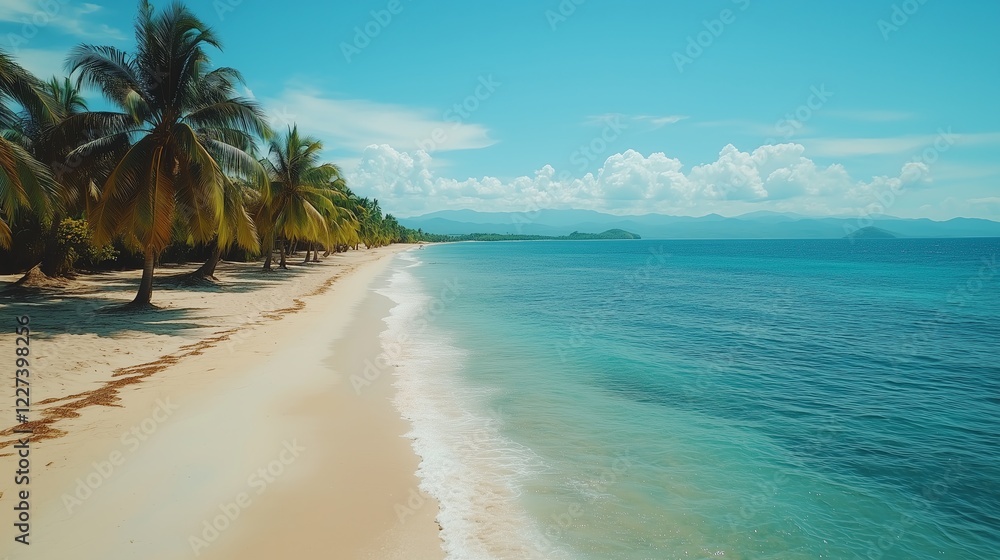 Tropical beach with palm trees in the Philippines, minimalistic composition featuring vibrant blue sky and lush green scenery Tropical beach with palm trees in the Philippines, minimalistic composition featuring vibrant blue sky and lush green scenery