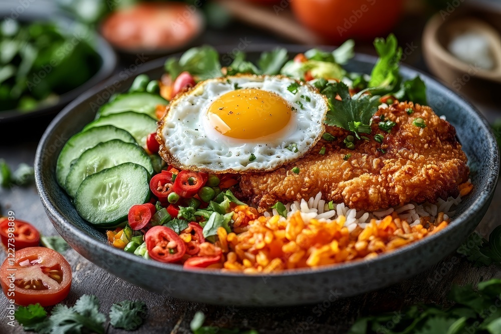 Fried chicken rice bowl, veggies, egg; healthy lunch Fried chicken rice bowl, veggies, egg; healthy lunch