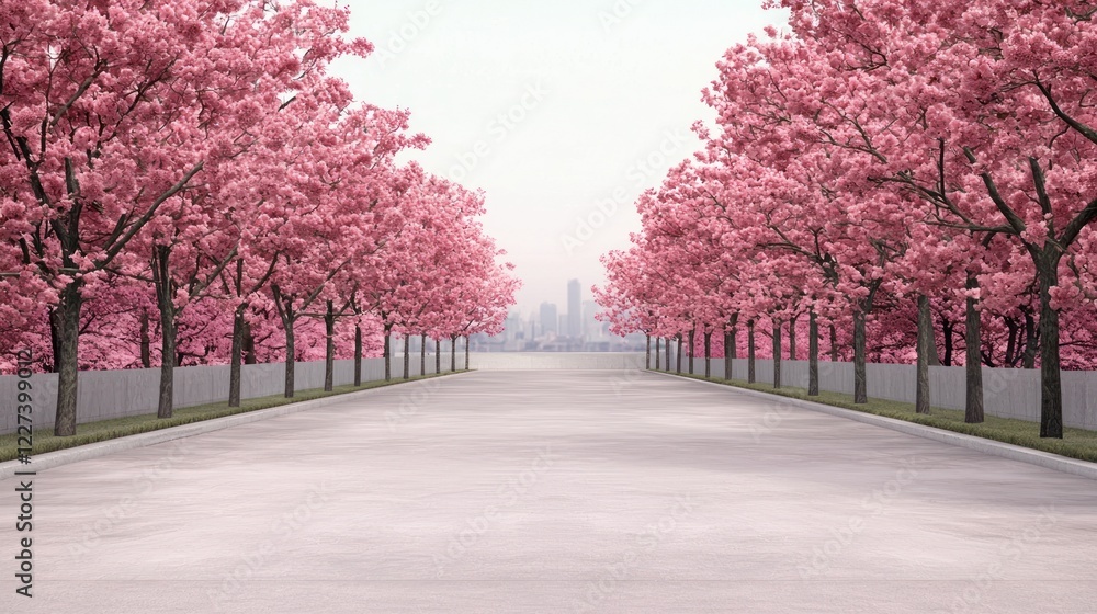 Pink cherry blossom trees line city road Pink cherry blossom trees line city road