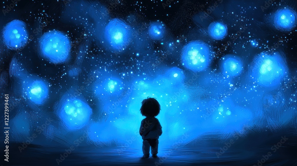 Obraz premium Child gazing at glowing orbs, night, fantasy, wonder