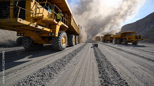 Coal mining operations at an open pit mine with heavy machinery working in the daytime