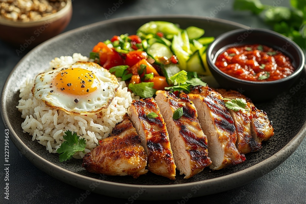 Grilled chicken, rice, egg, salad, sauce. Healthy meal Grilled chicken, rice, egg, salad, sauce. Healthy meal