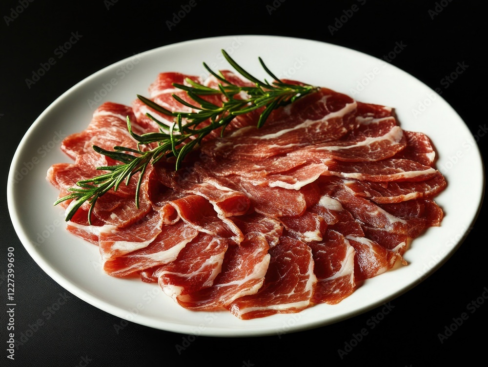 Meat on White Plate with Rosemary Meat on White Plate with Rosemary