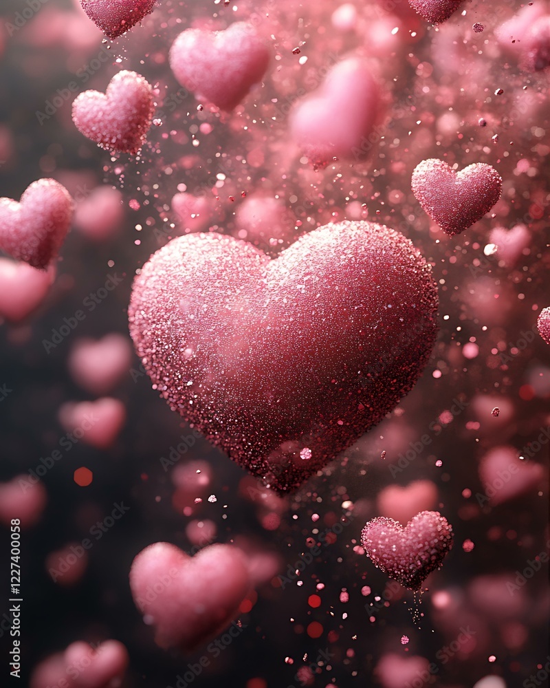 A Glittering Pink Hearts Floating Amidst Sparkling Particles in a Mystical Setting. A Glittering Pink Hearts Floating Amidst Sparkling Particles in a Mystical Setting.