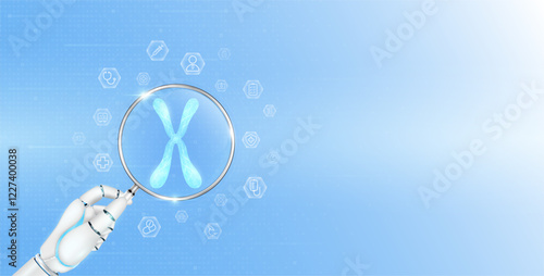 Doctor robot hand holding magnifying glass chromosome analysis. Human organ surrounded by medical icon. Healthcare technology concept. Medical science banner with empty space for text. Vector EPS10.