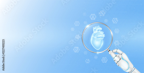Doctor robot hand holding magnifying glass heart analysis. Human organ surrounded by medical icon. Healthcare technology concept. Medical science banner with empty space for text. Vector EPS10.