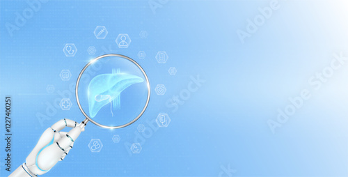 Doctor robot hand holding magnifying glass liver analysis. Human organ surrounded by medical icon. Healthcare technology concept. Medical science banner with empty space for text. Vector EPS10.