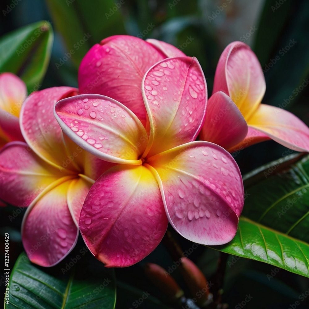 Fototapeta premium Pink frangipani flowers with fresh green leaves