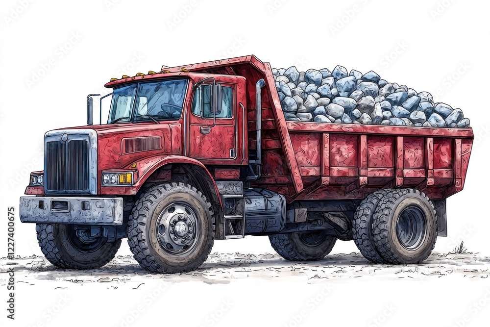 Obraz premium Dump Truck filled with stones isolated on white background. Dump Truck with stones. Heavy Machinery. Construction Vehicle loaded with stones. Dump Truck Design Element. Stone-filled Dump Truck.
