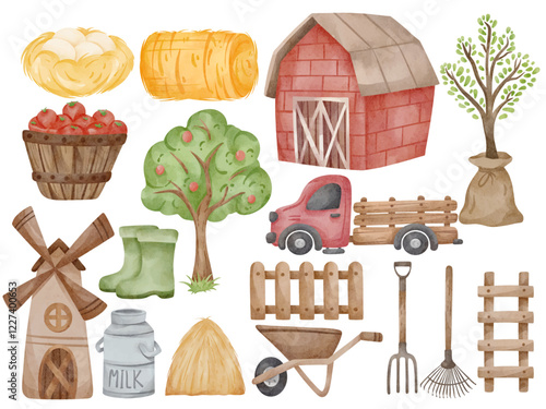Watercolor Farm Life Illustration - Hand-Painted Barn, Apple Tree, Hay Bales, Windmill, and Farm Tools