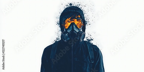 A masked figure stands against a white background, with fiery elements emerging from the mask, creating a dramatic and intense visual effect. photo