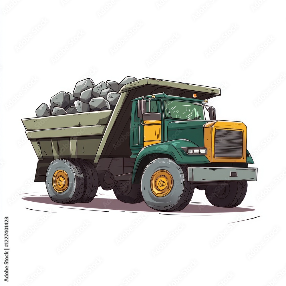 Obraz premium Dump Truck filled with stones isolated on white background. Dump Truck with stones. Heavy Machinery. Construction Vehicle loaded with stones. Dump Truck Design Element. Stone-filled Dump Truck.