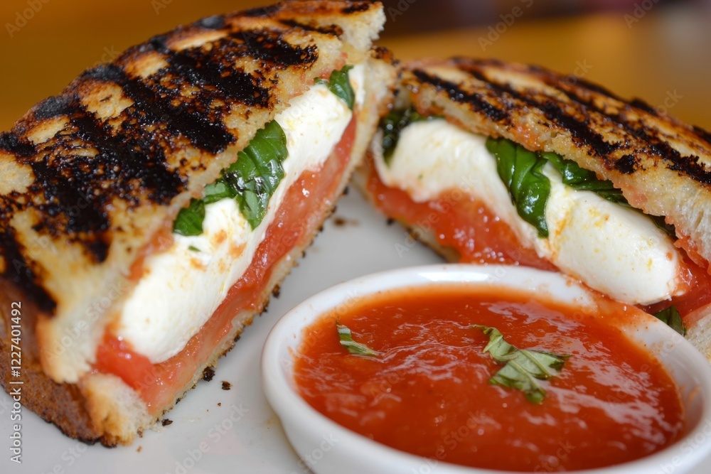 grilled panini filled with melted mozzarella, juicy tomatoes, and fresh basil, presented on a colorful plate with a side of pickled vegetables for a burst of flavor grilled panini filled with melted mozzarella, juicy tomatoes, and fresh basil, presented on a colorful plate with a side of pickled vegetables for a burst of flavor