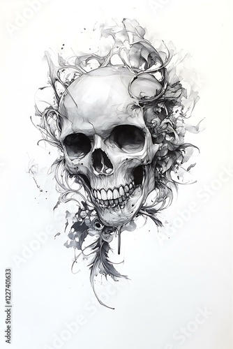 A Spectral Skull Fading Amidst Swirling Haze in Ethereal Black and White Design.