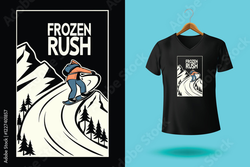 Snowboarder is having fun riding down a snowy mountainside in a cool, vintage style illustration. This design is perfect for winter sports enthusiasts.