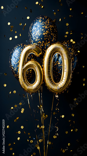 60th Birthday Celebration Concept with Balloons, Cake, and Number 60