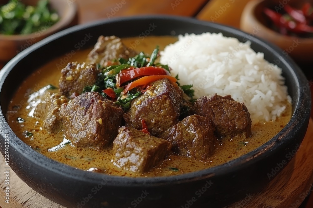 Spicy beef curry with rice, restaurant setting Spicy beef curry with rice, restaurant setting