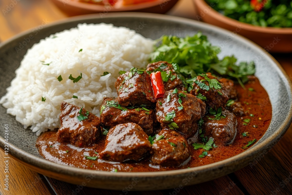 Spicy beef stew with rice, herbs, close-up Spicy beef stew with rice, herbs, close-up