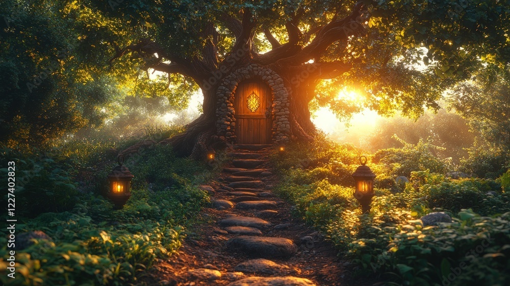 Fototapeta premium Enchanting Tree Cottage with Door in a Lush Forest at Golden Sunset Surrounded by Lanterns and Nature's Glow