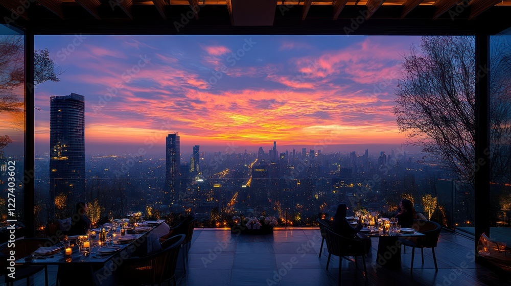 Fototapeta premium Spectacular Cityscape Sunset Dining Experience