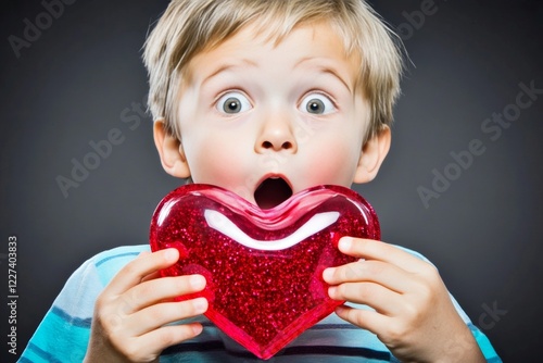 Ð¡hildren valentine's day greeting card: child boy with shocked face holds red heart in hands. Commercial ad visual idea. Sign of love. Family-centered valentine's. Kids sharing love. photo