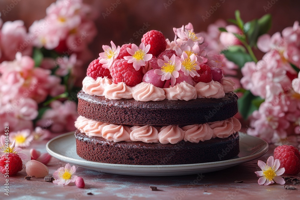 Delicious chocolate cake with raspberries and pink frosting, spring flowers background, perfect for dessert menu Delicious chocolate cake with raspberries and pink frosting, spring flowers background, perfect for dessert menu