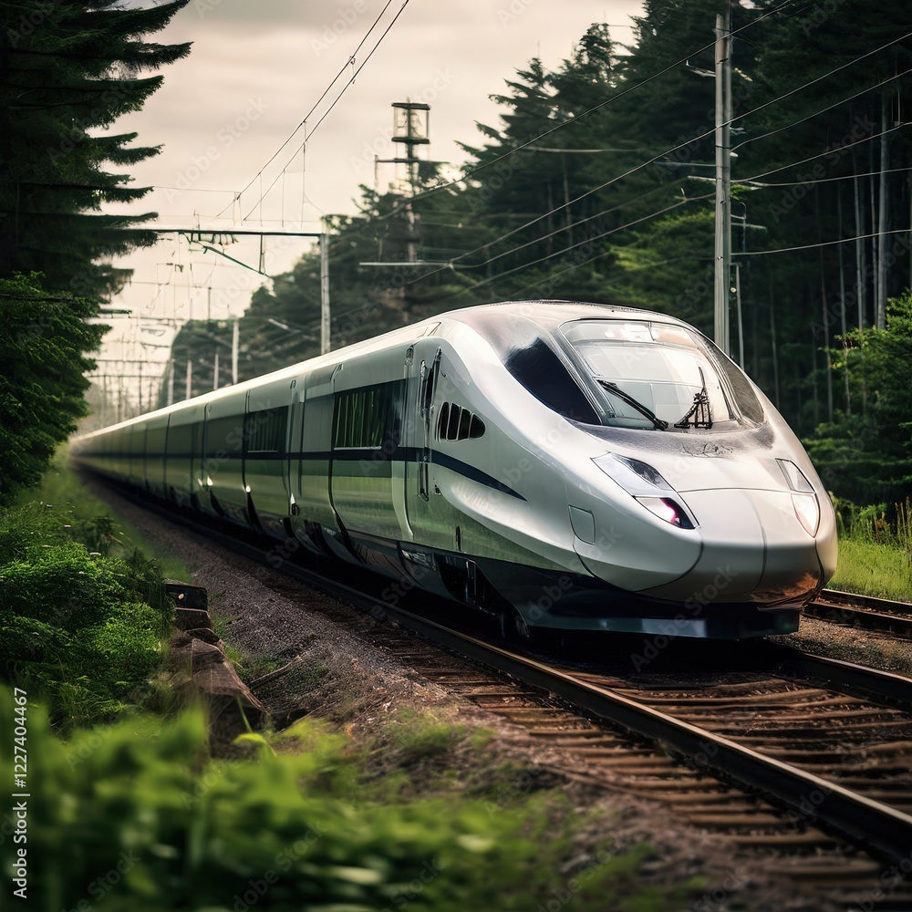 Fototapeta premium the AI Image Generator, Speed Train on Railway Tracks During Sunset