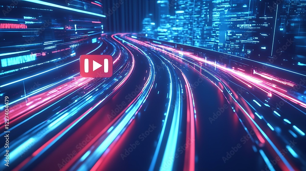 Dynamic Highway Flowing Speeding Lights Through Futuristic Cityscape at Evening Time Dynamic Highway Flowing Speeding Lights Through Futuristic Cityscape at Evening Time