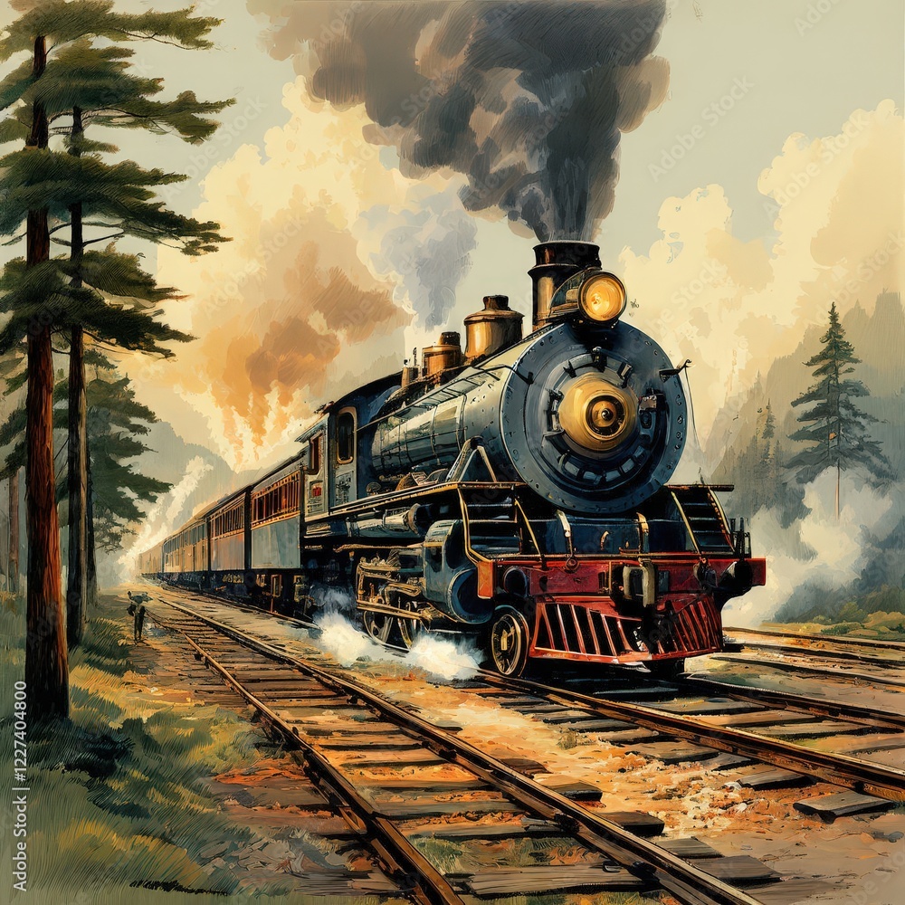 Naklejka premium the AI Image Generator, Vintage Steam Train Traveling Through