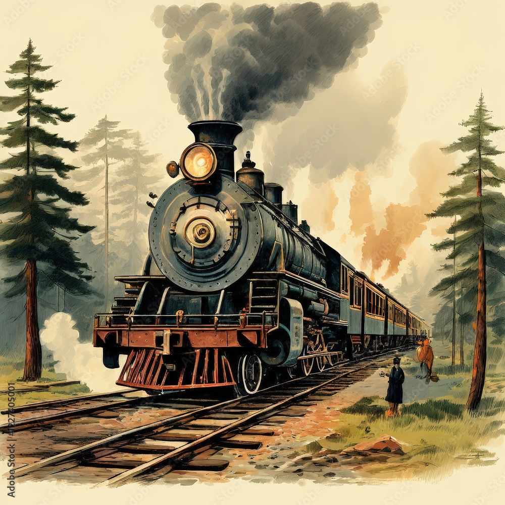 Naklejka premium the AI Image Generator, Vintage Steam Train Traveling Through