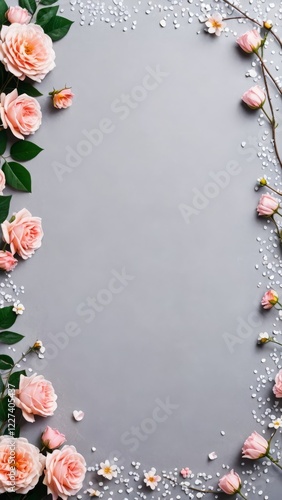 Soft pink flowers and petals on a gray background, perfect for invitations and romantic designs